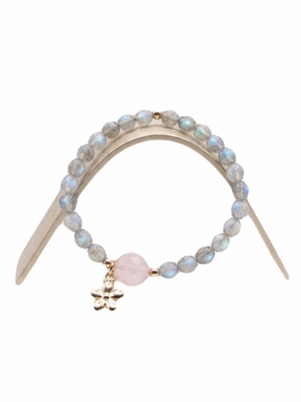 New Woman’s Grey & Pink Rose Quartz Gold Boho Handmade Daisy Bracelet